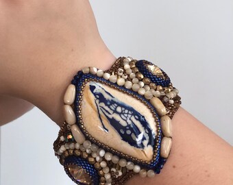 Swarovski and Gemstone Bead Embroidered Cuff bracelet, Statement Bracelet, Gift for Mom, One of a Kind