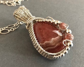 Rhodochrosite and Argentium Silver Wire Wrapped Gemstone Pendant Necklace, One of a Kind, Gift for Her, Gift for Mom,
