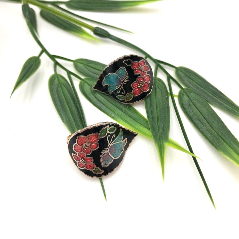 Circa 1970/'s Hibiscus Flower and Butterfly Design Vintage Cloisonn\u00e9 Enamel Clip On Earrings Leaf Shaped