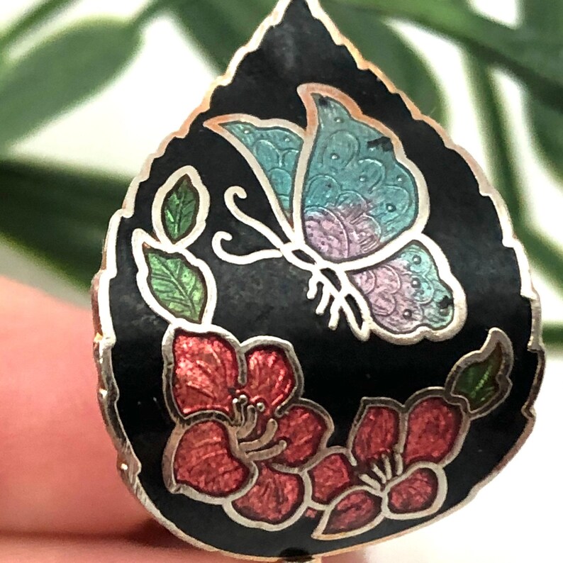 Circa 1970/'s Hibiscus Flower and Butterfly Design Vintage Cloisonn\u00e9 Enamel Clip On Earrings Leaf Shaped