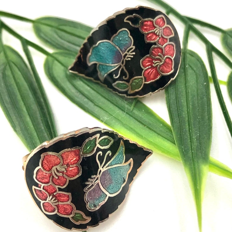 Circa 1970/'s Hibiscus Flower and Butterfly Design Vintage Cloisonn\u00e9 Enamel Clip On Earrings Leaf Shaped