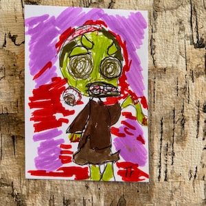 Originele ACEO Zombie-kunstkaart —Child Horror Pop Style – Creepy Cute Frankenstein van jonge kunstenaar