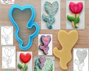 Mermaid Tail 1, Tulip and Heart Flower Cutter Designed by Love Bug Cookies - **Guideline Sketches to Print Below**