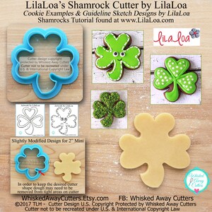 May include: A blue plastic shamrock cookie cutter with a green shamrock cookie, a green shamrock cookie with white polka dots, and a plain, unbaked shamrock cookie. The image also includes a line drawing of a shamrock cookie cutter and the text "LilaLoa's Shamrock Cutter by LilaLoa".