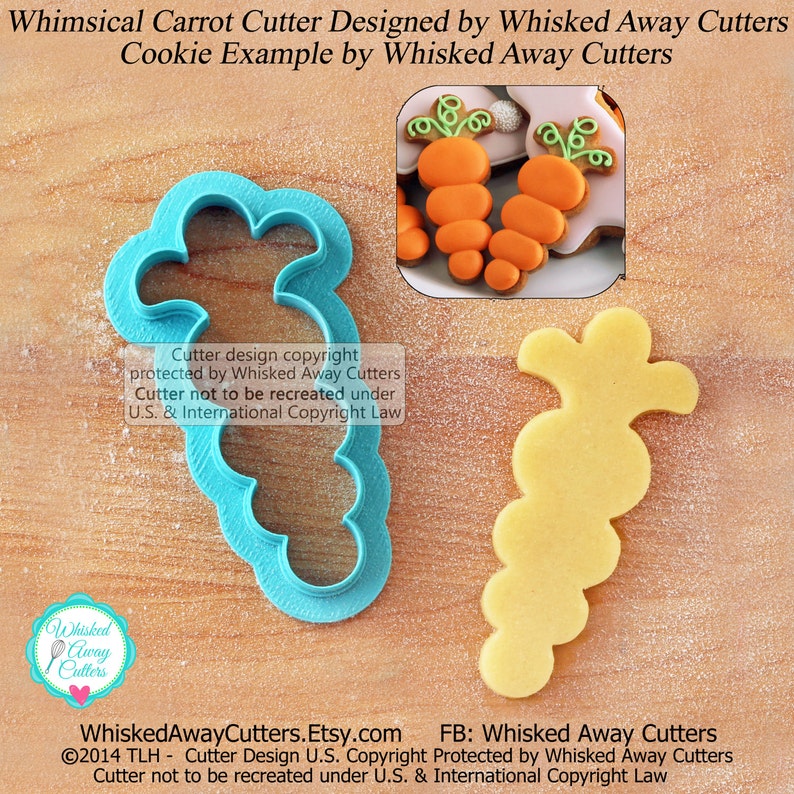 May include: A blue plastic carrot cookie cutter with a yellow cookie cut out in the shape of a carrot. The text "Cutter design copyright protected by Whisked Away Cutters Cutter not to be recreated under U.S. & International Copyright Law" is visible in the image.