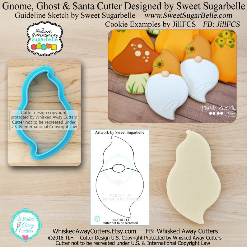 Gnome Cookie Cutter, Ghost Cookie Cutter & Santa Cookie Cutter Designed by Sweet Sugarbelle Guideline Sketch to Print Below image 1