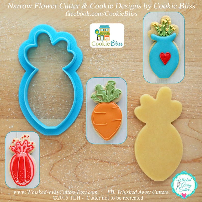 May include: A set of cookie cutters and decorated cookies in the shape of a pineapple, carrot, and vase with flowers. The cutters are blue and the cookies are decorated with icing in various colors. The text "Whisked Away Cutters" and "FB: Whisked Away Cutters" is visible in the image.