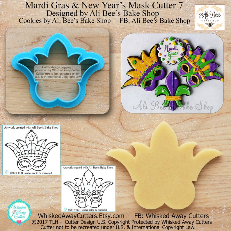 Mardi Gras Mask 7 Cookie Cutter & New Year's Mask 7 Cookie Cutter Designed by Ali Bee's Bake Shop Guideline Sketch to Print Below image 1