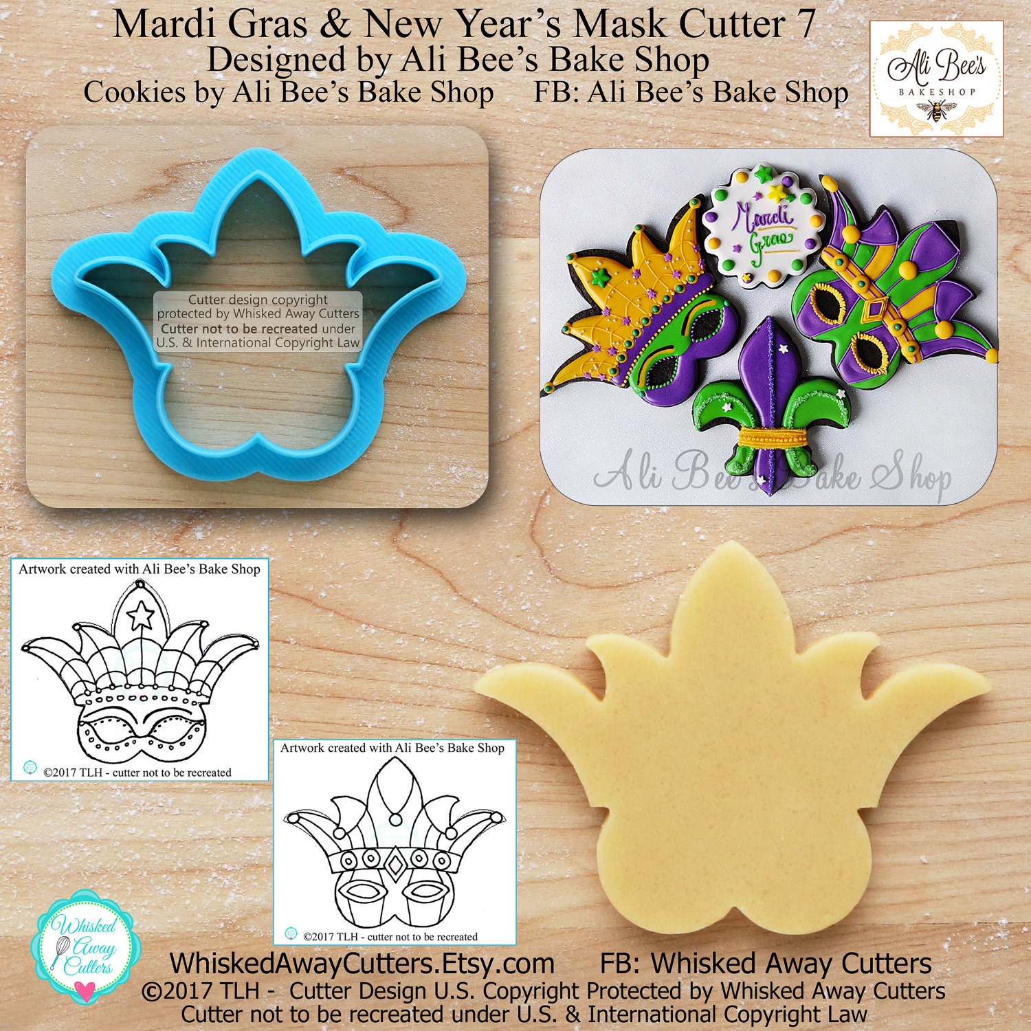 Mardi Gras Mask 7 Cookie Cutter & New Year's Mask 7 Cookie Cutter Designed  by Ali Bee's Bake Shop guideline Sketch to Print Below 