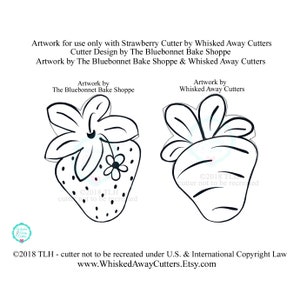 May include: Black and white line art design of a strawberry and a carrot. The artwork is for use only with a cookie cutter and is not to be recreated. The text "&copy;2018 TLH - cutter not to be recreated under U.S. & International Copyright Law www.WhiskedAwayCutters.Etsy.com" is at the bottom of the image.