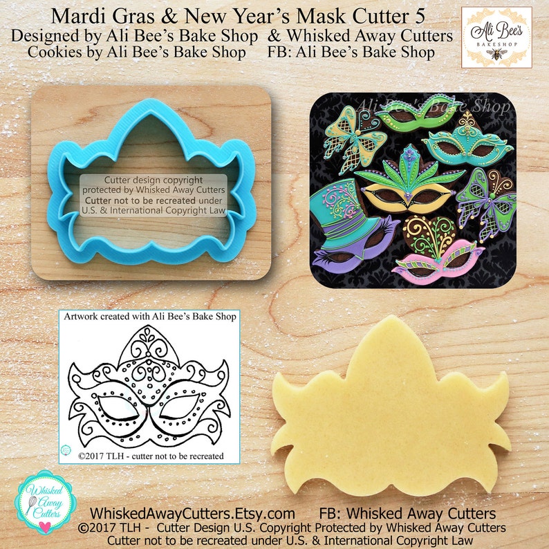 Mardi Gras Mask 5 Cookie Cutter & New Year's Mask 5 Cookie Cutter Designed with Ali Bee's Bake Shop Guideline Sketch to Print Below image 1