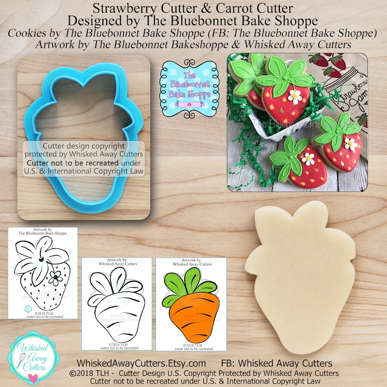 May include: A set of cookie cutters for making strawberry and carrot shaped cookies. The cutters are made of plastic and are shown on a wooden surface. The image also includes a close-up of a finished strawberry cookie and a drawing of the cutters. The text "Whisked Away Cutters.Etsy.com" and "FB: Whisked Away Cutters" is included in the image.