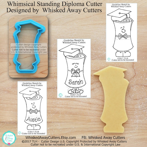 Whimsical Standing Graduation Diploma Cookie Cutter & Fondant Cutter Designed by Whisked Away Cutters - *Guideline Sketches to Print Below*