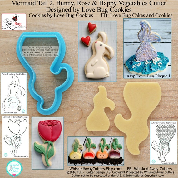 Mermaid Tail 2, Bunny, Rose and Happy Vegetables Cutter Designed by Love Bug Cookies - **Guideline Sketches to Print Below**