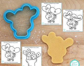 Three Heart Balloons & Flowers in Vase Cookie Cutter Designed by Whisked Away Cutters - **Guideline Sketches to Print Below**