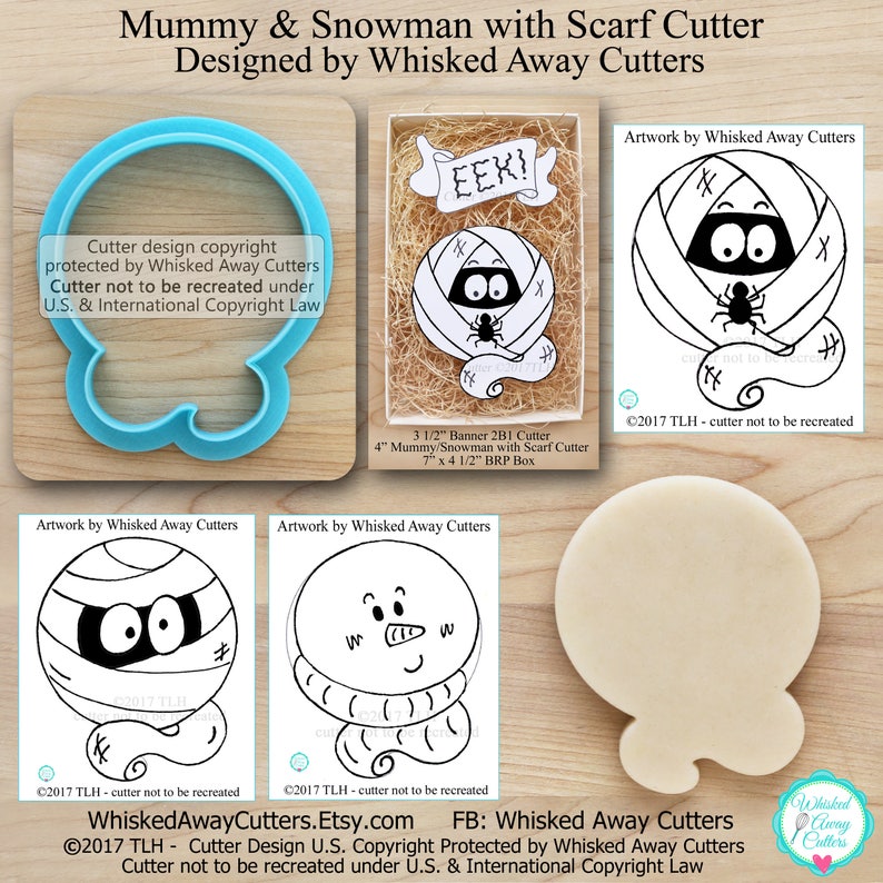 Halloween Mummy Cutter & Snowman with Scarf Cutter Designed by Whisked Away Cutters, Halloween Cutter Guideline Sketches to Print Below image 1