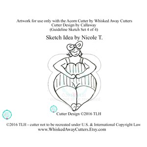 May include: Black and white line drawing of a woman wearing a striped swimsuit and a bow in her hair. The drawing is a sketch idea for a cookie cutter design. The text "Sketch Idea by Nicole T." and "Cutter Design &copy;2016 TLH" are included in the image.