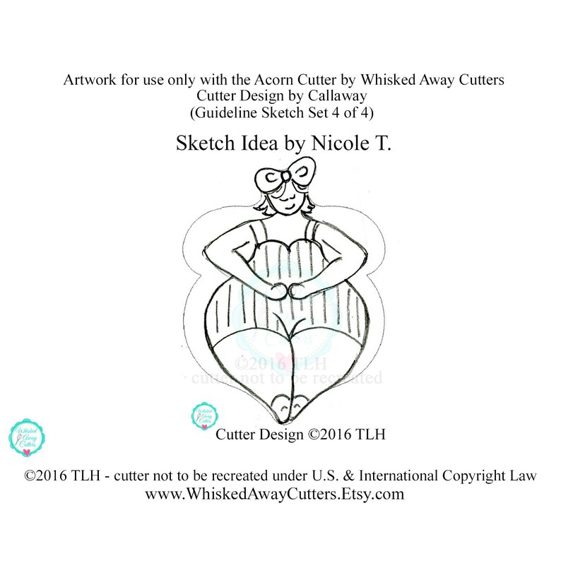 May include: Black and white line drawing of a woman wearing a striped swimsuit and a bow in her hair. The drawing is a sketch idea for a cookie cutter design. The text "Sketch Idea by Nicole T." and "Cutter Design &copy;2016 TLH" are included in the image.