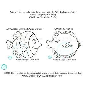 May include: Black and white line art illustration of two fish. The fish are facing each other. The text "Cutter Design &copy;2016 TLH" appears below each fish. The text "Artwork by Whisked Away Cutters" appears above the left fish. The text "Artwork by Alex H." appears above the right fish. The text "&copy;2016 TLH - cutter not to be recreated under U.S. & International Copyright Law www.WhiskedAwayCutters.Etsy.com" appears at the bottom of the image.