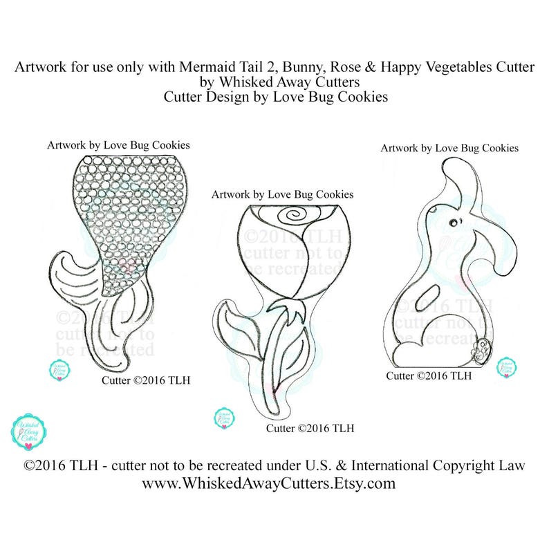 Peut inclure: Illustrations en noir et blanc de d&eacute;coupes &agrave; biscuits en forme de queue de sir&egrave;ne, de lapin, de rose et de l&eacute;gumes joyeux. Le texte "&copy;2016 TLH - cutter not to be recreated under U.S. & International Copyright Law www.WhiskedAwayCutters.Etsy.com" est en bas de l'image.
