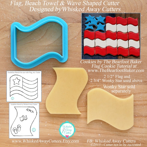 Flag, Beach Towel  and Wave Shaped Cookie Cutter and Fondant Cutter - **Guideline Sketches to Print Below**