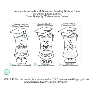 May include: Black and white line art illustration of a graduation diploma with a graduation cap on top. The diploma is a cartoon character with a smiling face, bow tie, and the name "Austin" written on it. The text "&copy;2017 TLH - cutter not to be recreated" is below the diploma.