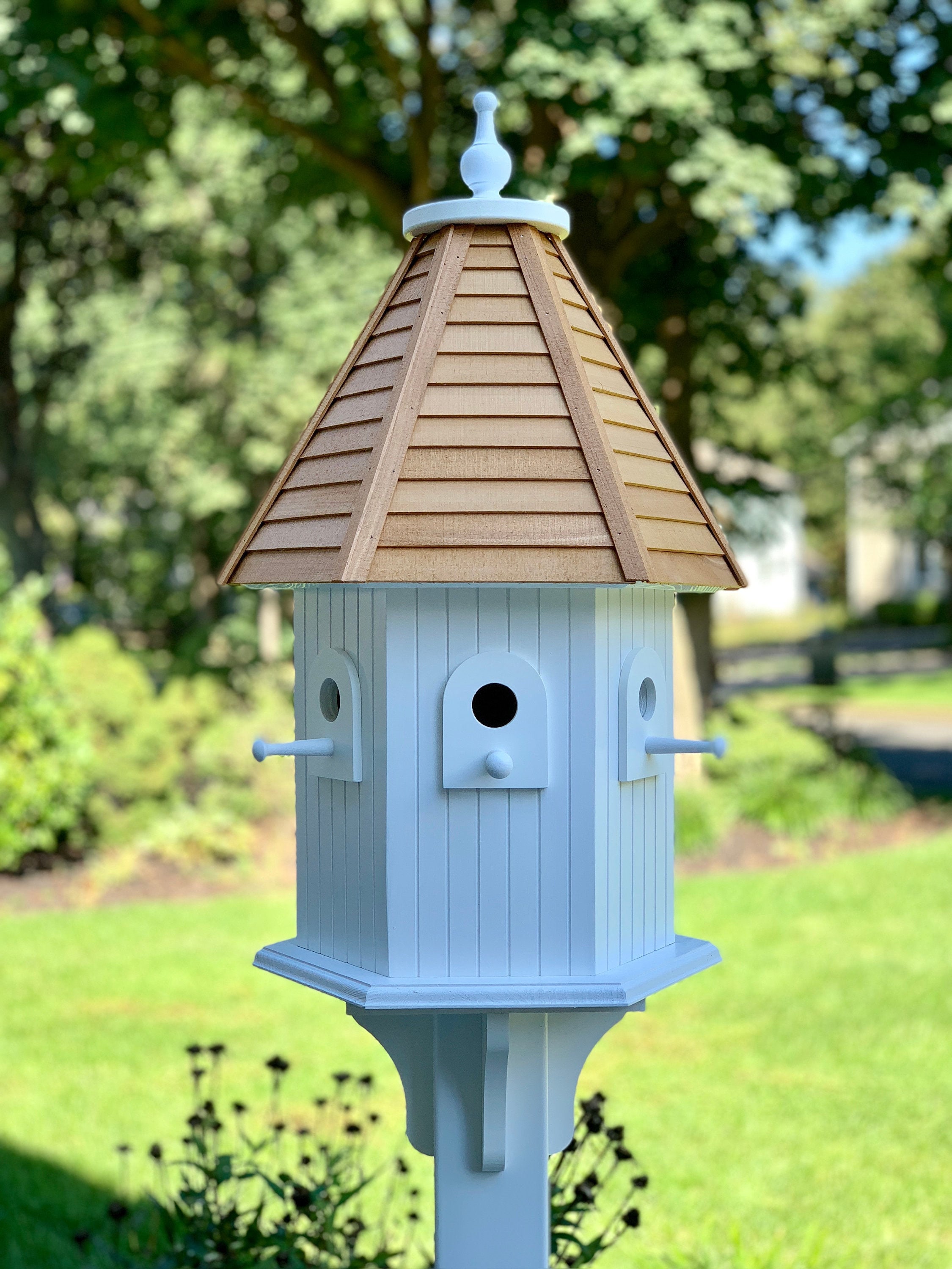Large Outdoor Hexagon Birdhouse With Hand Cut Cedar Clapboard Roof large-outdoor-hexagon-birdhouse-with-hand-cut-cedar-clapboard-roof