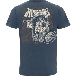 Dragstrip Clothing Kickstart & Sissy Bar stone washed denim blue t shirt