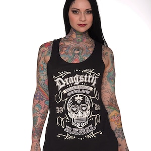 Dragstrip Rebel Sugar Skull womens Long vest top