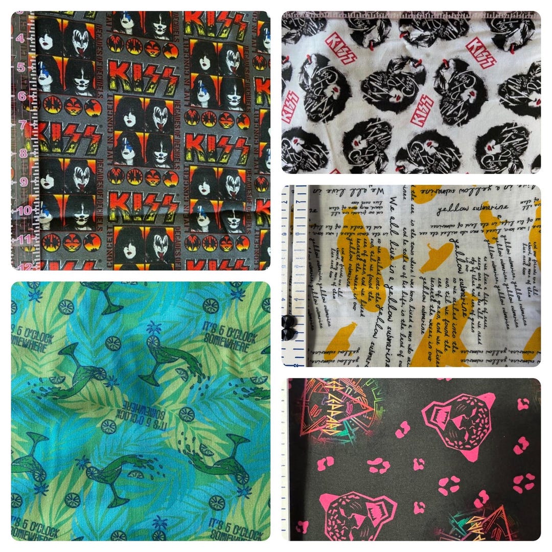 1/2 Yard Music Band Cotton Fabric / ACDC / Kiss / Led Zeppelin / Def ...