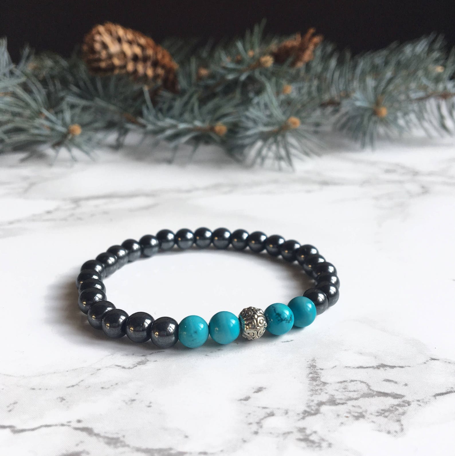 Genuine hematite bracelet stabilized turquoise 6mm Etsy