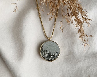 Concrete necklace | concrete jewelry | light gray concrete | crushed pyrite | statement | brass pendant | brass ball chain | stainless steel