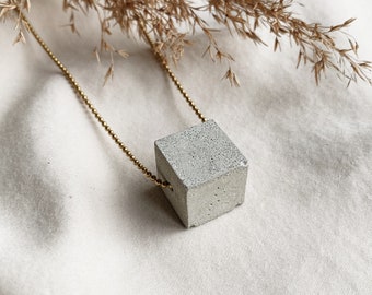 Concrete necklace | concrete jewelry | concrete cube 12mm | minimalist necklace | stainless steel ball chain | brass ball chain