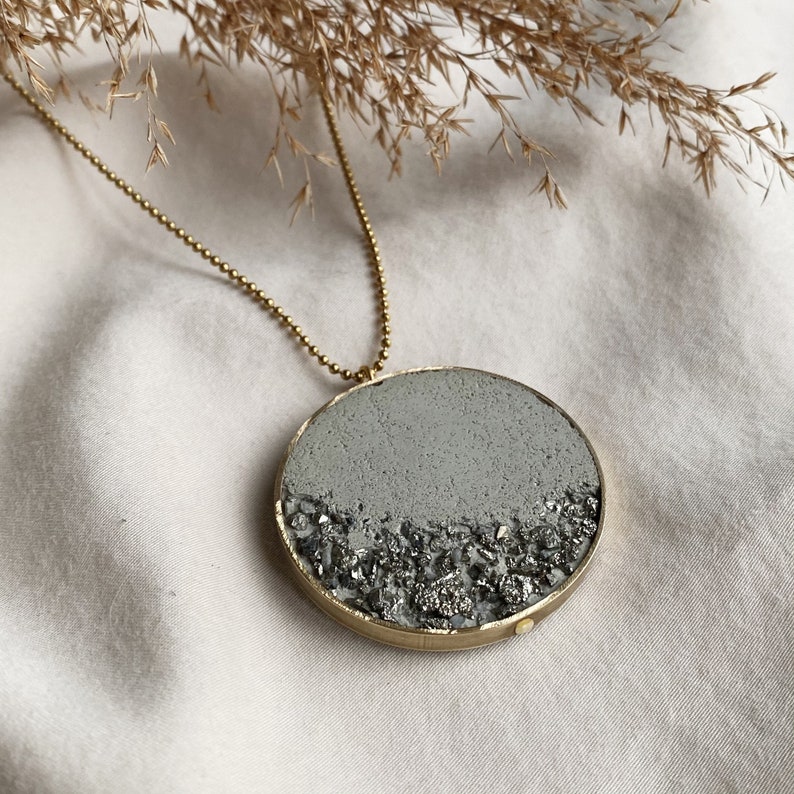 Concrete necklace concrete jewelry light gray concrete crushed pyrite statement necklace brass pendant stainless steel image 3