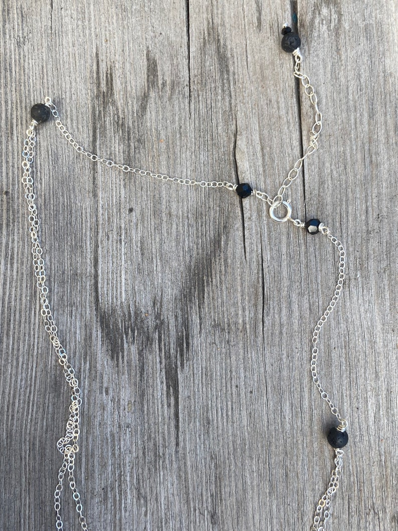 Black Crystal and Lava Stone Bead Essential oil Carrier necklace wire wrapped compass rose and lava two layered necklace.