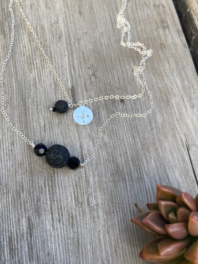 Black Crystal and Lava Stone Bead Essential oil Carrier necklace wire wrapped compass rose and lava two layered necklace.
