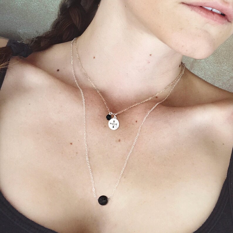 Black Crystal and Lava Stone Bead Essential oil Carrier necklace wire wrapped compass rose and lava two layered necklace.