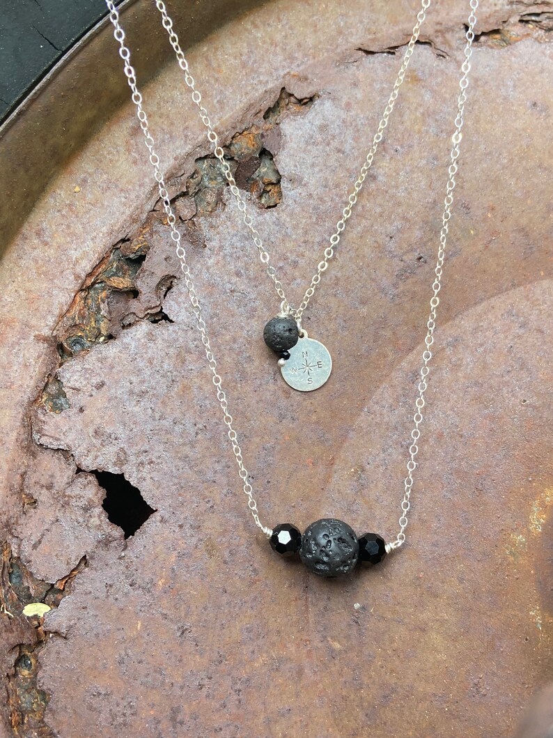Black Crystal and Lava Stone Bead Essential oil Carrier necklace wire wrapped compass rose and lava two layered necklace.