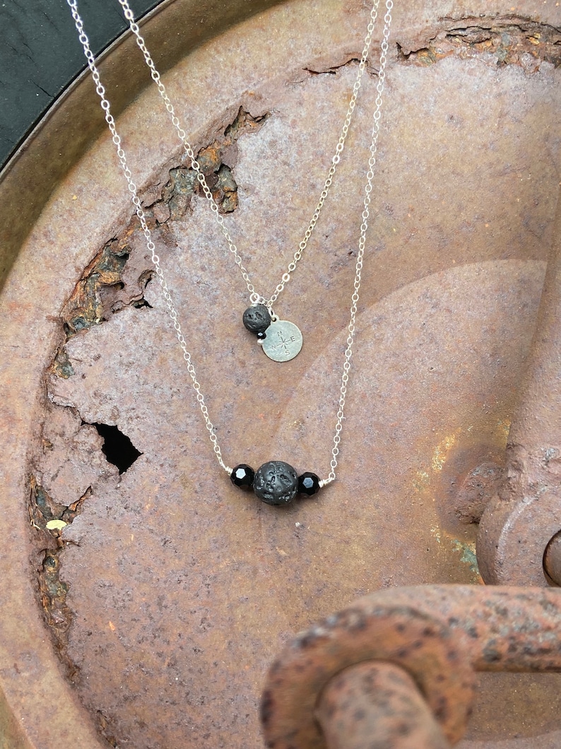 Black Crystal and Lava Stone Bead Essential oil Carrier necklace wire wrapped compass rose and lava two layered necklace.