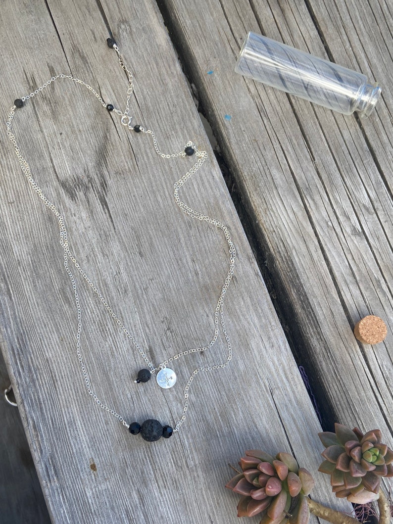Black Crystal and Lava Stone Bead Essential oil Carrier necklace wire wrapped compass rose and lava two layered necklace.