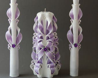 Carved Candles Wedding Centerpiece Romantic Candles Set White Purple Hand Carved Candles Home Decor Collectible Art Newlywed Gift