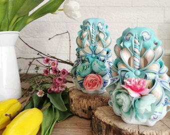 Mother's day carved candle Home decor Turquoise candles Mother flower gift