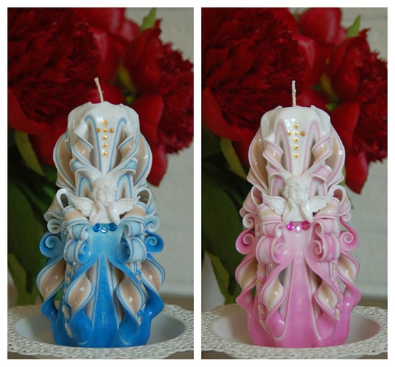 Carved Candle Baptism Candle For Boy And Girl Pink Or Blue Etsy