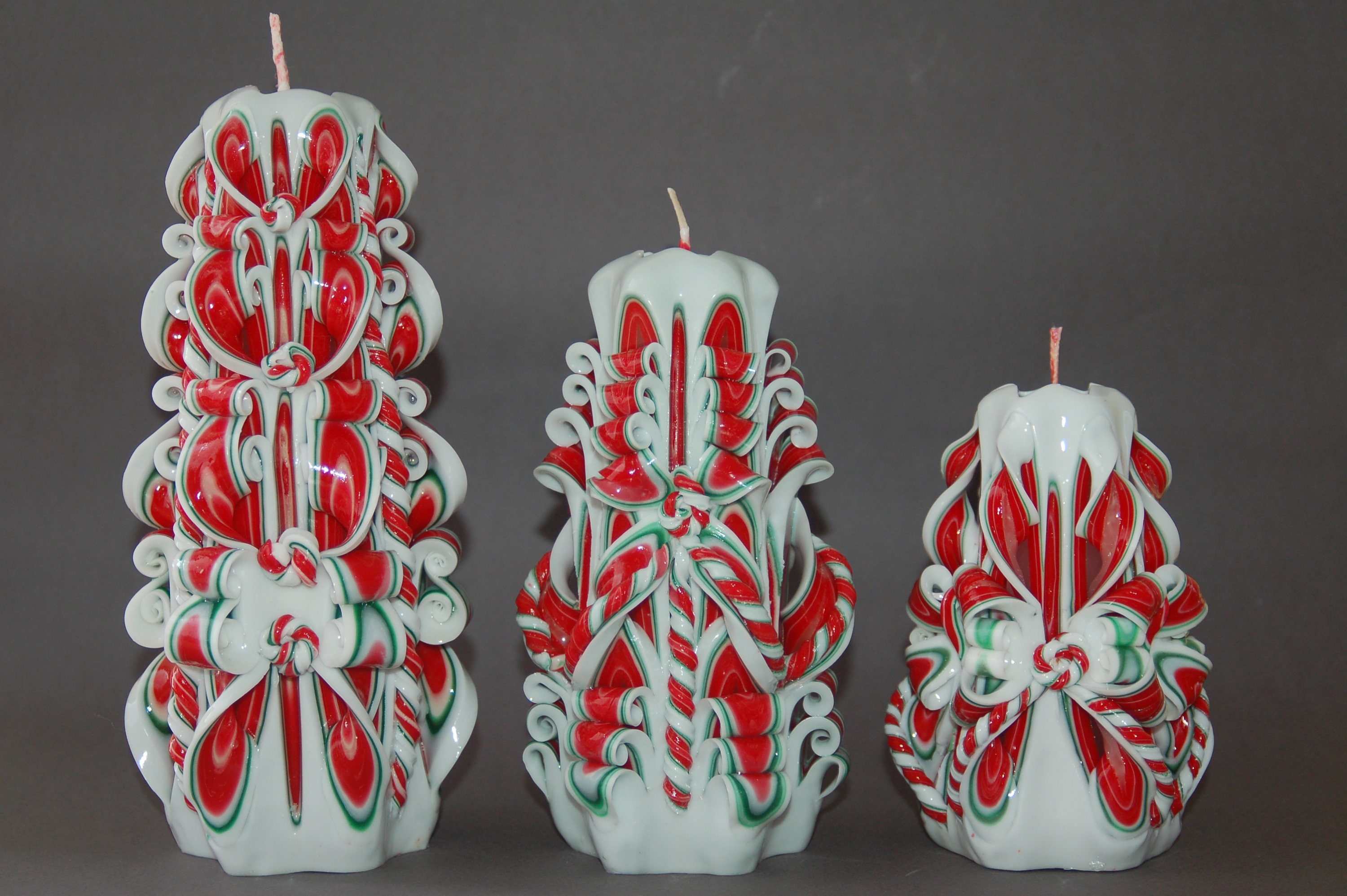 Red Green Christmas Candle Hand Carved Candles Christmas Holiday Decor