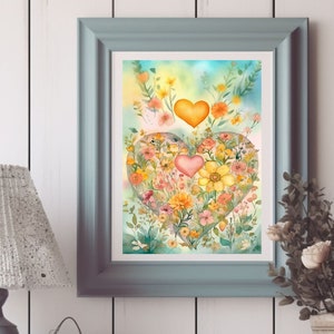 Vintage Design Buttercup Yellow Pastel Flower Watercolor Heart, Nostalgic JPEG Digital File
