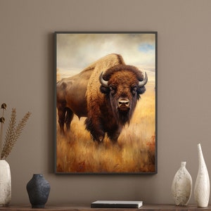 American Buffalo Art Print: Vintage Bison in Golden Prairie (Digital Download)