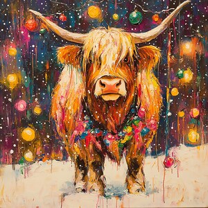 Feestelijke hooglandkoe digitale kunstafdruk - kerstdecor png/jpeg-bestand