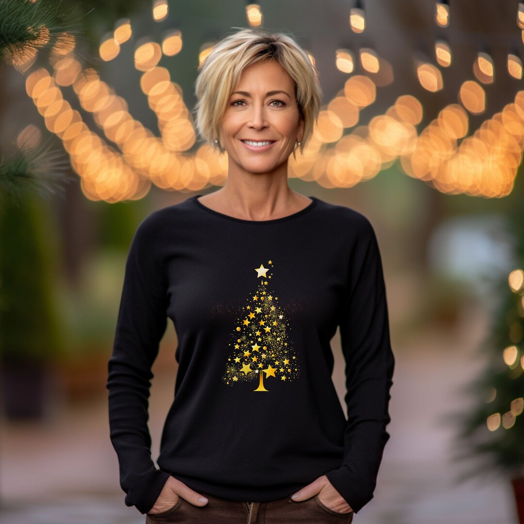 Elegant Golden Christmas Tree Long Sleeve Tshirt for Women Holiday