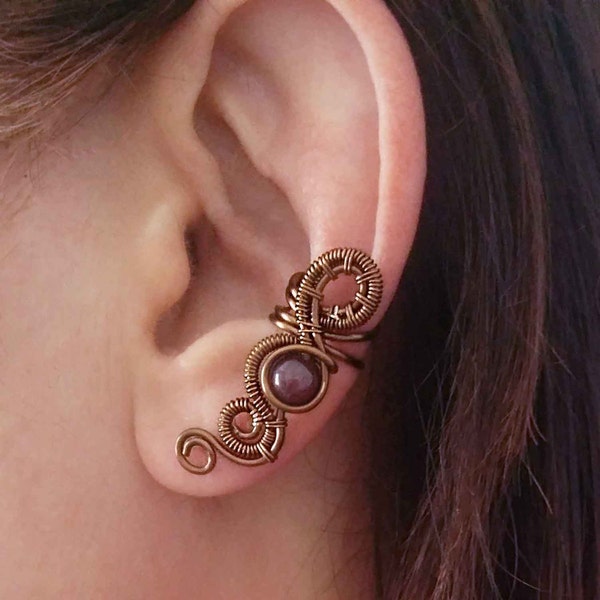 Unique Ear cuff, Antique Copper, Garnet Ear Cuff, Infinity Ear Cuff, Love Ear Wrap, Gift For Her