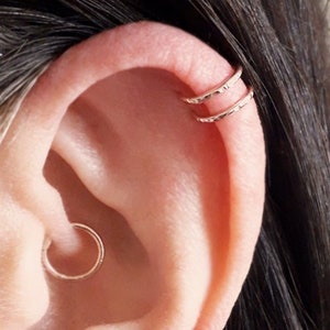 Hammered Sterling Silver Helix Hoops, Fake Helix Ring, Two Ring Helix, Ear Cuff, Helix, Rose Gold Helix, No Piercing Helix, Helix Hugger image 1